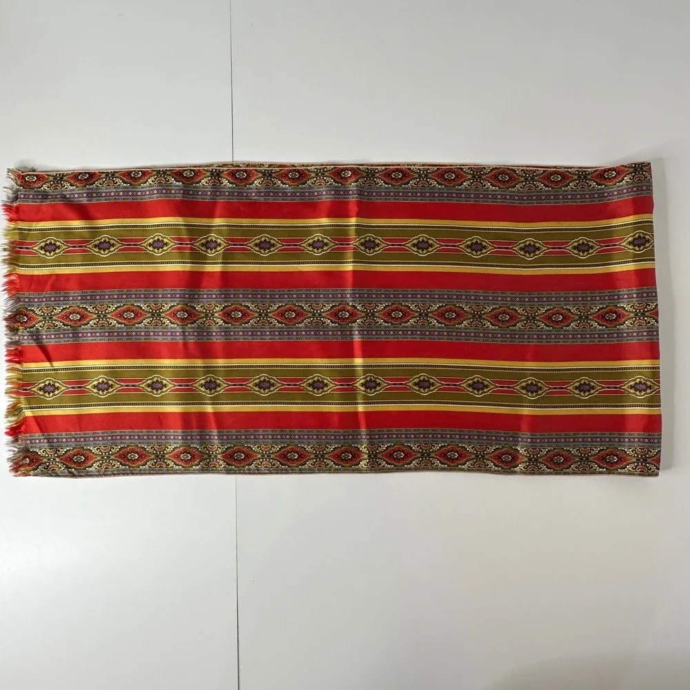 Red‎ Gold Fringed Rectangular Scarf Medallion Striped Silky Wrap 14x60